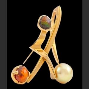 18k Yellow Gold Opal Pearl Ammolite Omega Slide Pendant Brooch Estate Jewelry